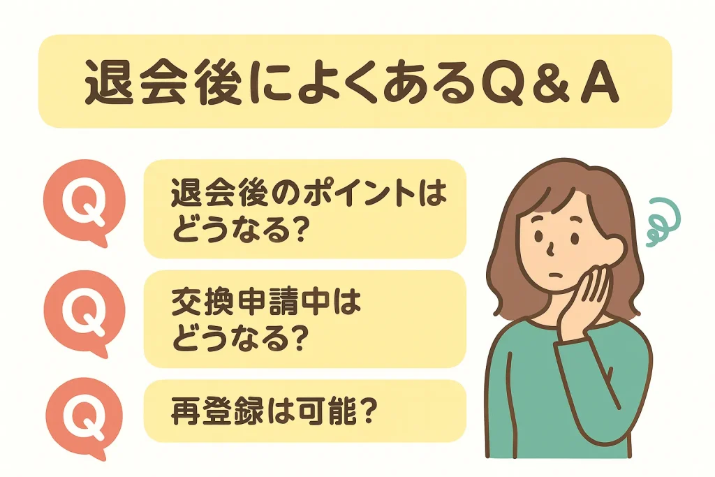 退会後のQ&A図解：ポイントは全て失効、交換申請中は無効、再登録は3か月後から可能