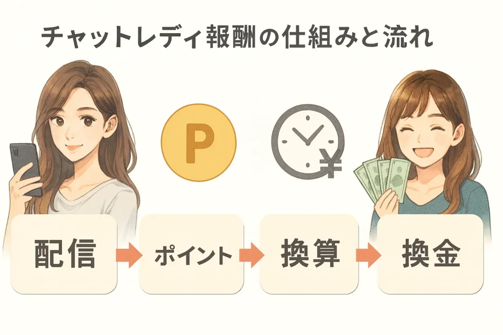チャットレディ報酬の仕組みと流れ|配信→ポイント→換算→換金