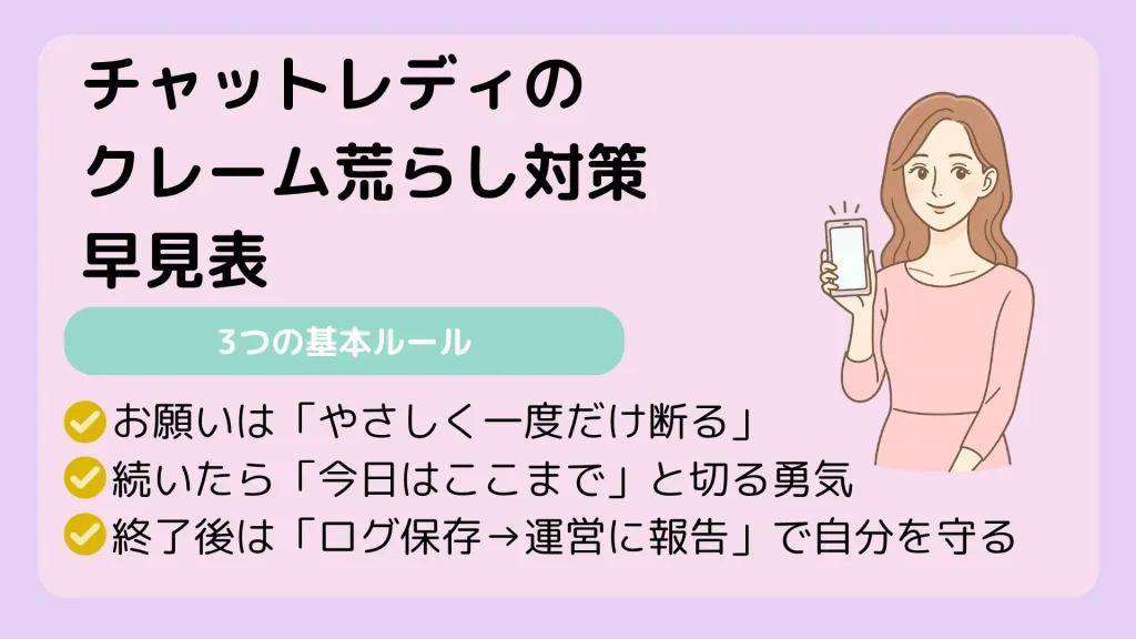 チャットレディのクレーム・荒らし対応 早見表（断り方・ブロック通報ライン）
