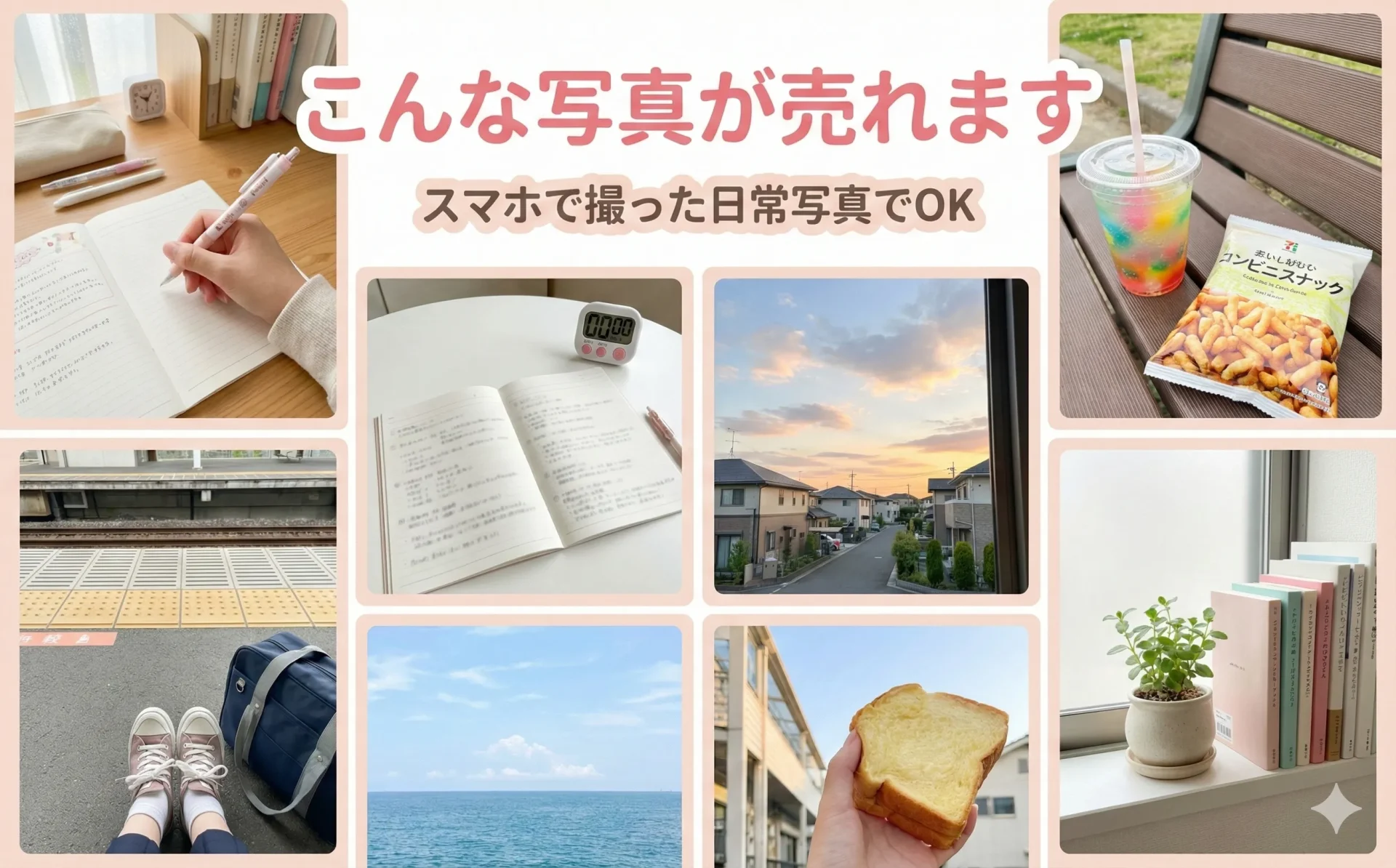 中学生 高校生でも売れる日常写真の例（文房具・おやつ・ノート・空） 