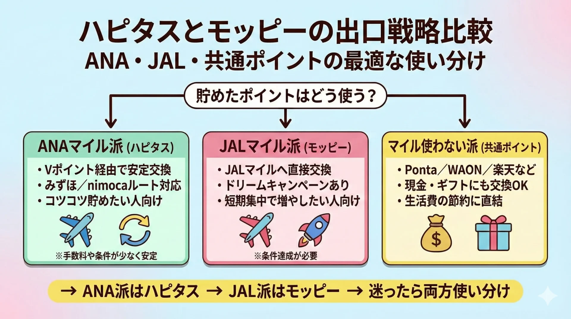 ハピタスとモッピーの出口戦略比較 ANAマイル JALマイル 共通ポイント 使い分け図解