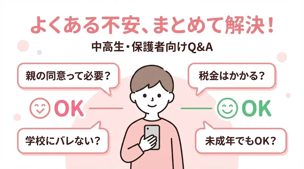 中学生 高校生の副業に関するよくある質問と不安をまとめたイメージ