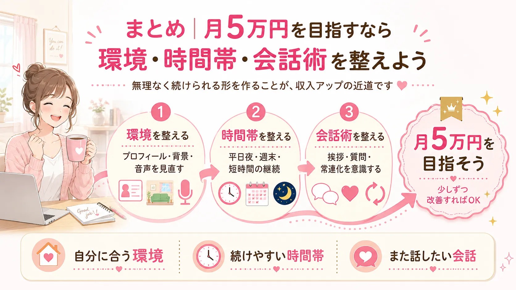 まとめ|月5万円を目指すなら環境・時間帯・会話術を整えよう