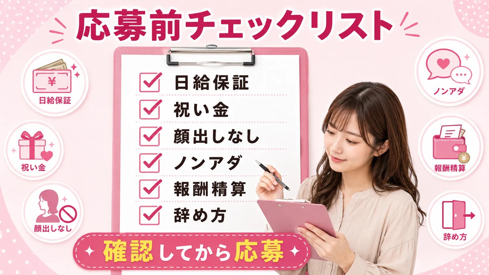 アリュールに応募する前に日給保証や顔出しなし、報酬精算、辞め方を確認するチェックリスト画像