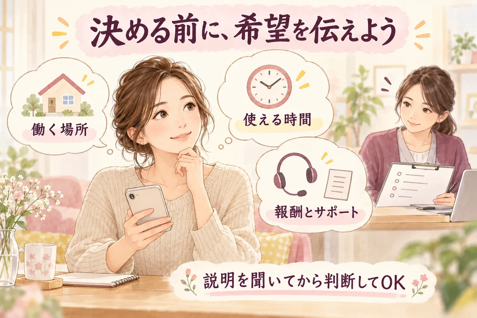 働く場所・使える時間・報酬とサポートの希望を整理して相談する女性