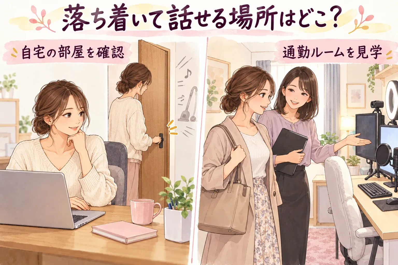 自宅の部屋と生活音を確認する女性、通勤ルームの機材を見学する女性